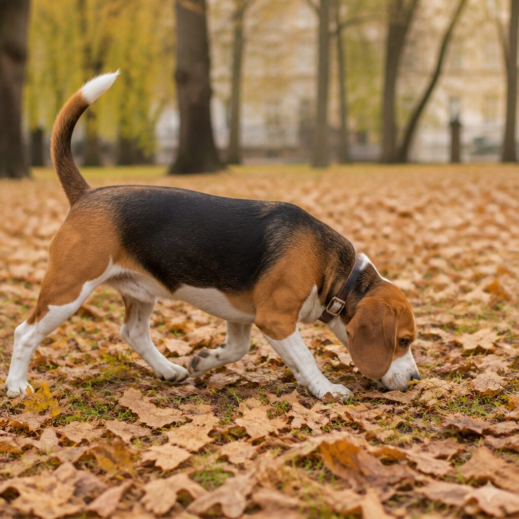 Beagle nose-down following scent trail through autumn leaves — scent-driven mind