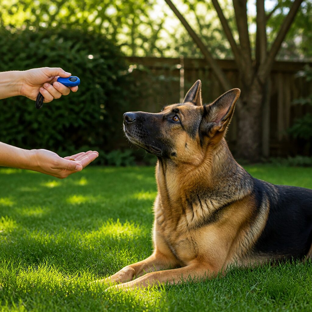 Person clicker training a German shepherd in a backyard — positive reinforcement methods