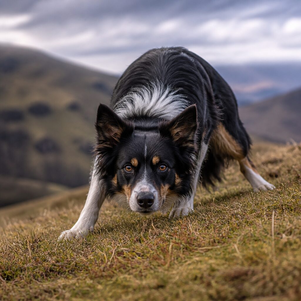 Border Collie giving focused intense eye contact in a meadow — dog intelligence