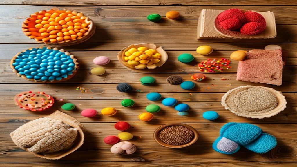 Top-down flat lay of various homemade dog brain games: muffin tin, snuffle mat, cardboard puzzle, Kong, treats — DIY enrichment ideas