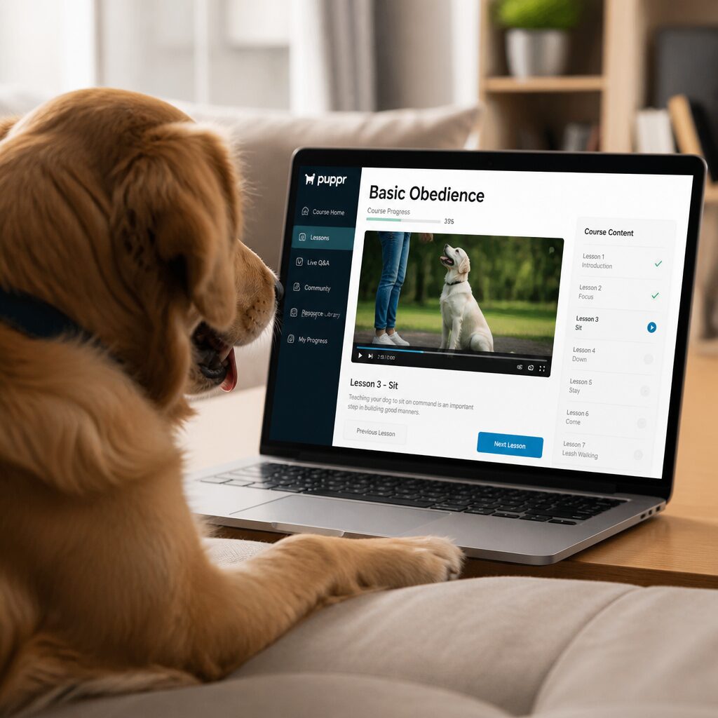 Dog watching online training course on a laptop from a sofa — Brain Training for Dogs review