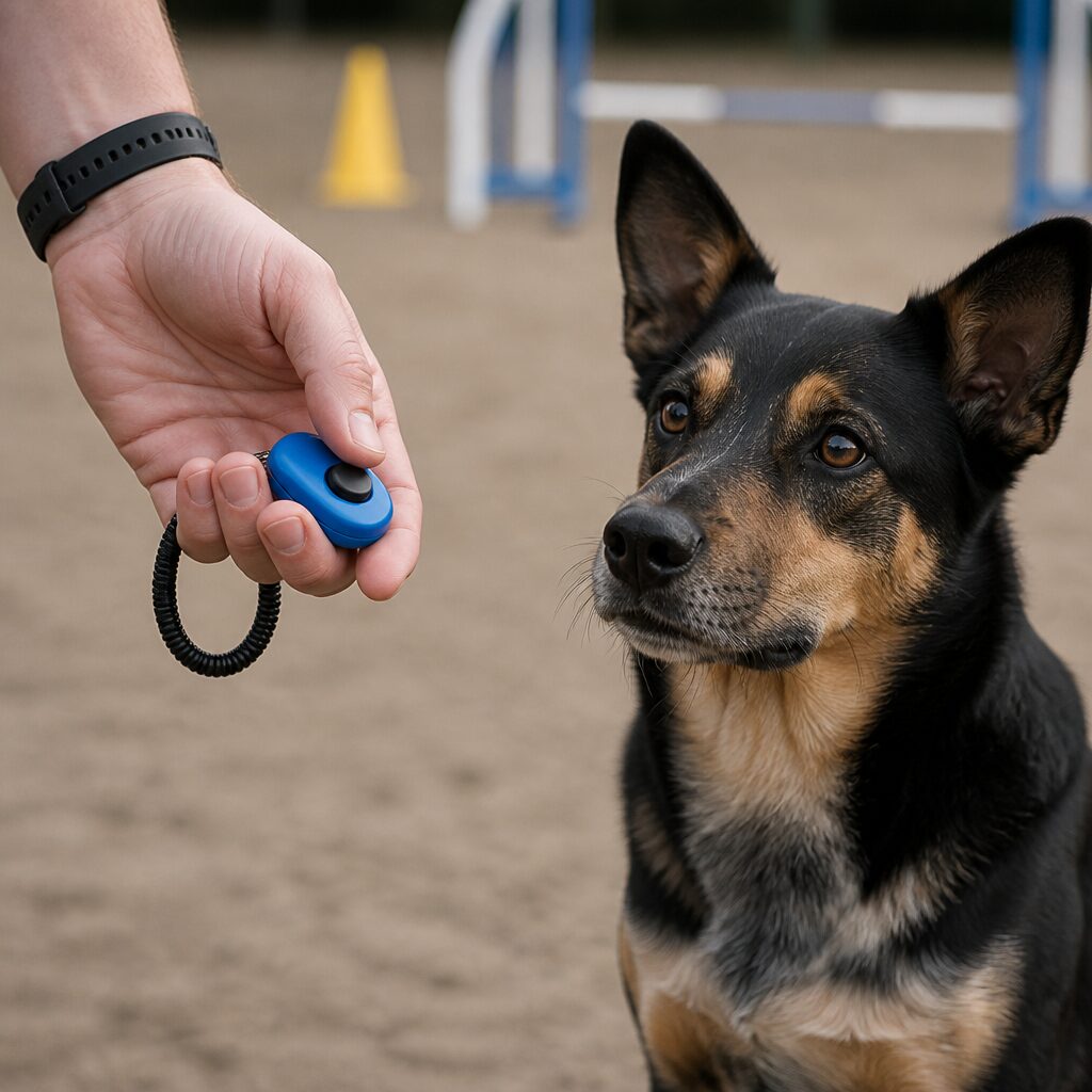 Hand with clicker next to focused mixed-breed dog ready to learn — clicker training