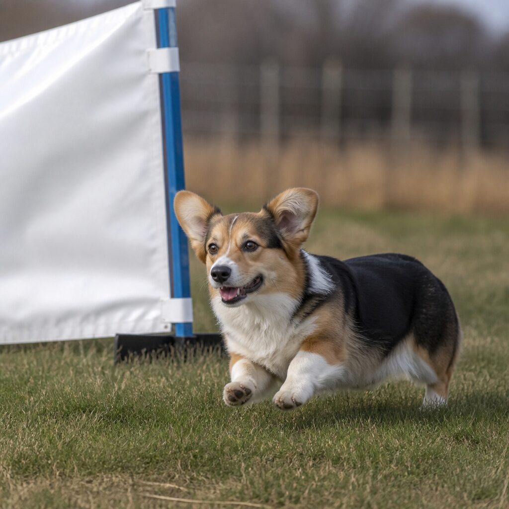 Pembroke welsh corgi running with herding flag in field — herding instinct breed