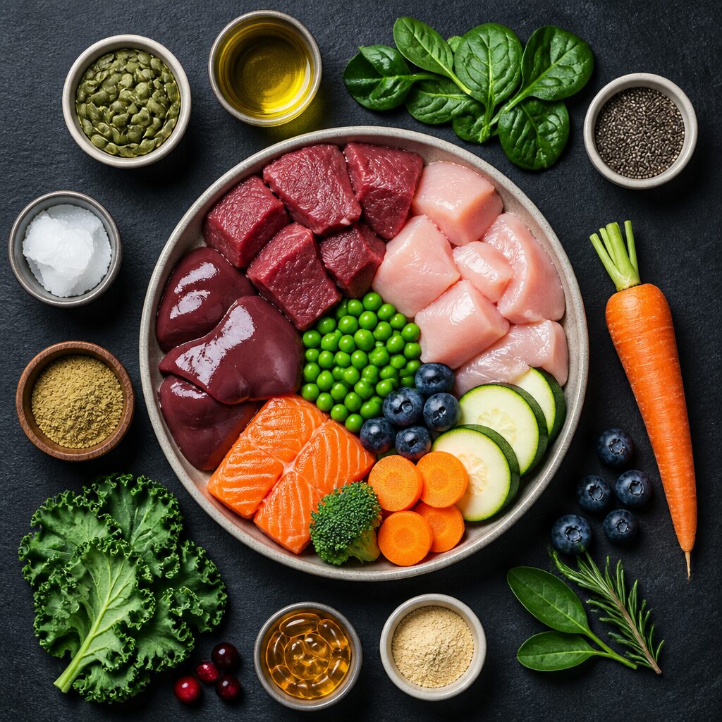 High-protein flat lay of meat vegetables and oils for active dog diet