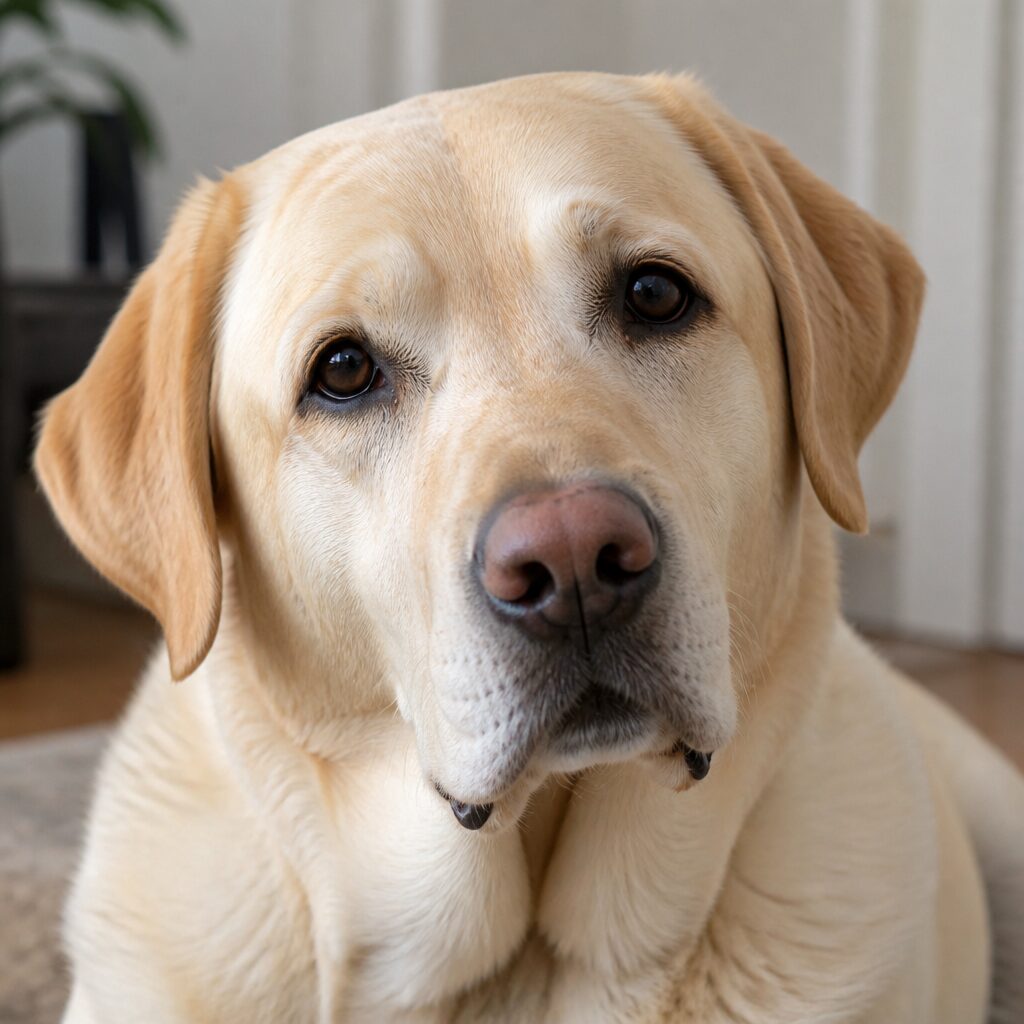 Close-up portrait of relaxed labrador face showing soft eyes and calm body language