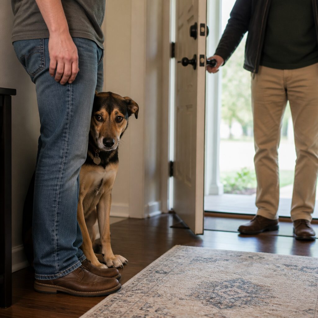 Timid dog hiding behind owners legs from stranger at doorway — fear of strangers