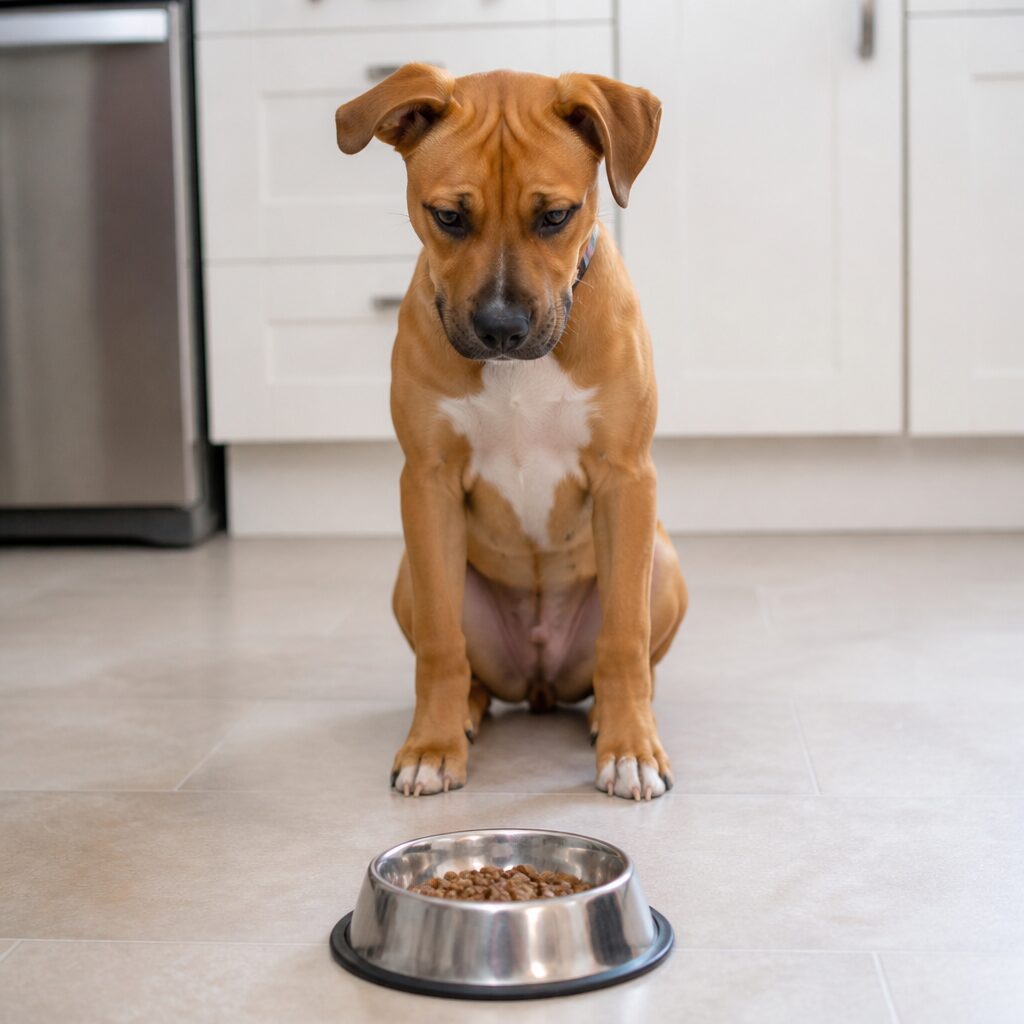 Young dog waiting patiently before food bowl without eating — impulse control training