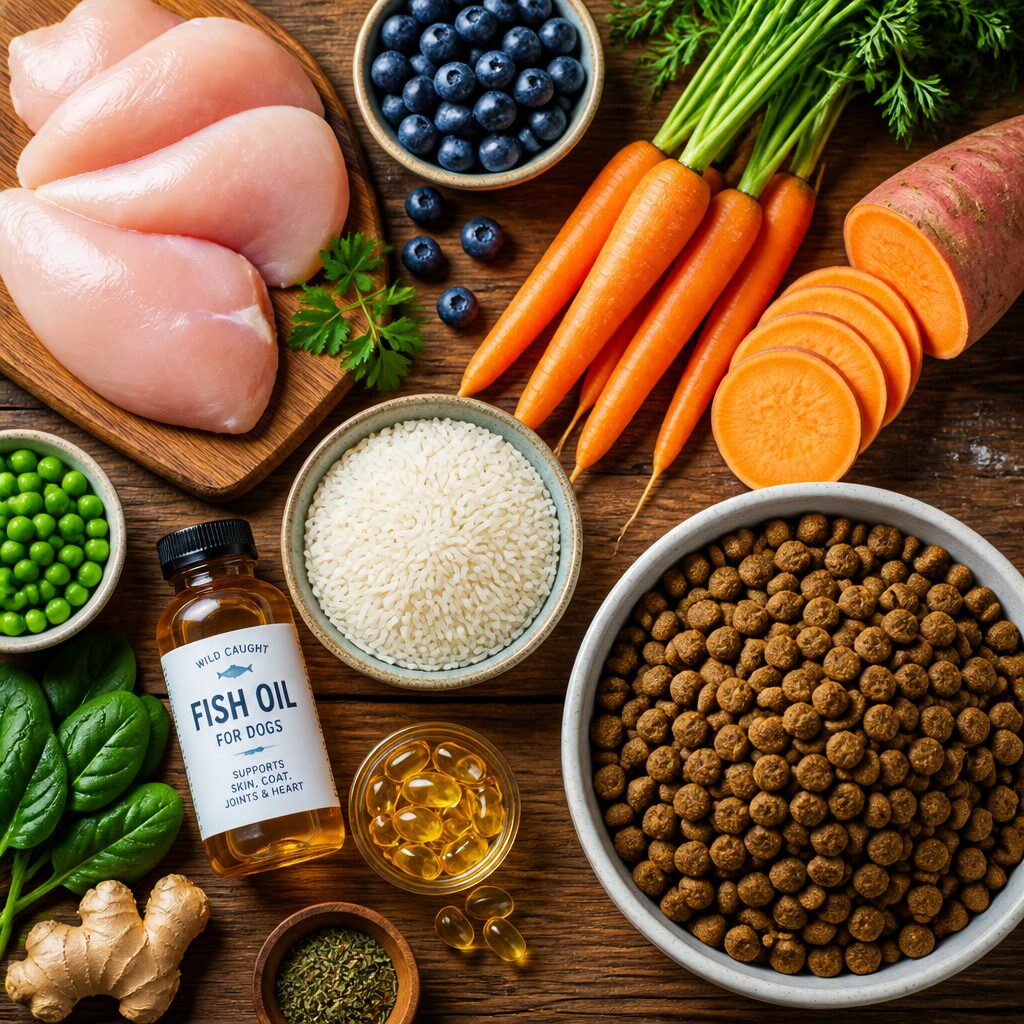 Flat lay of fresh whole-food ingredients for dog nutrition: chicken, carrots, blueberries, fish oil