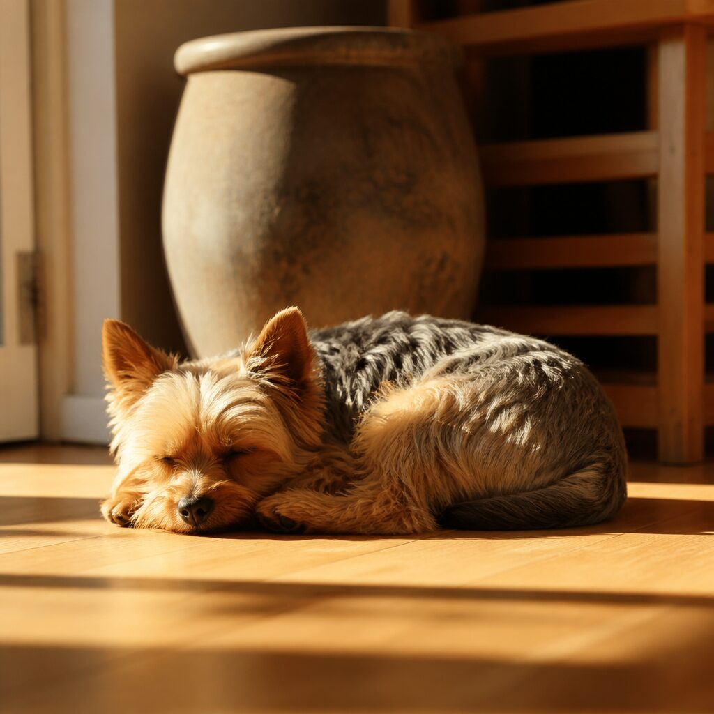 Small dog sleeping curled up in a sunbeam on wooden floor — normal canine sleep