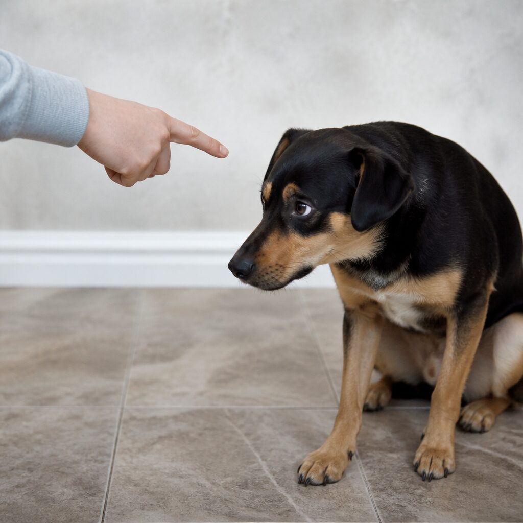 Person pointing at confused dog — common training mistakes to avoid