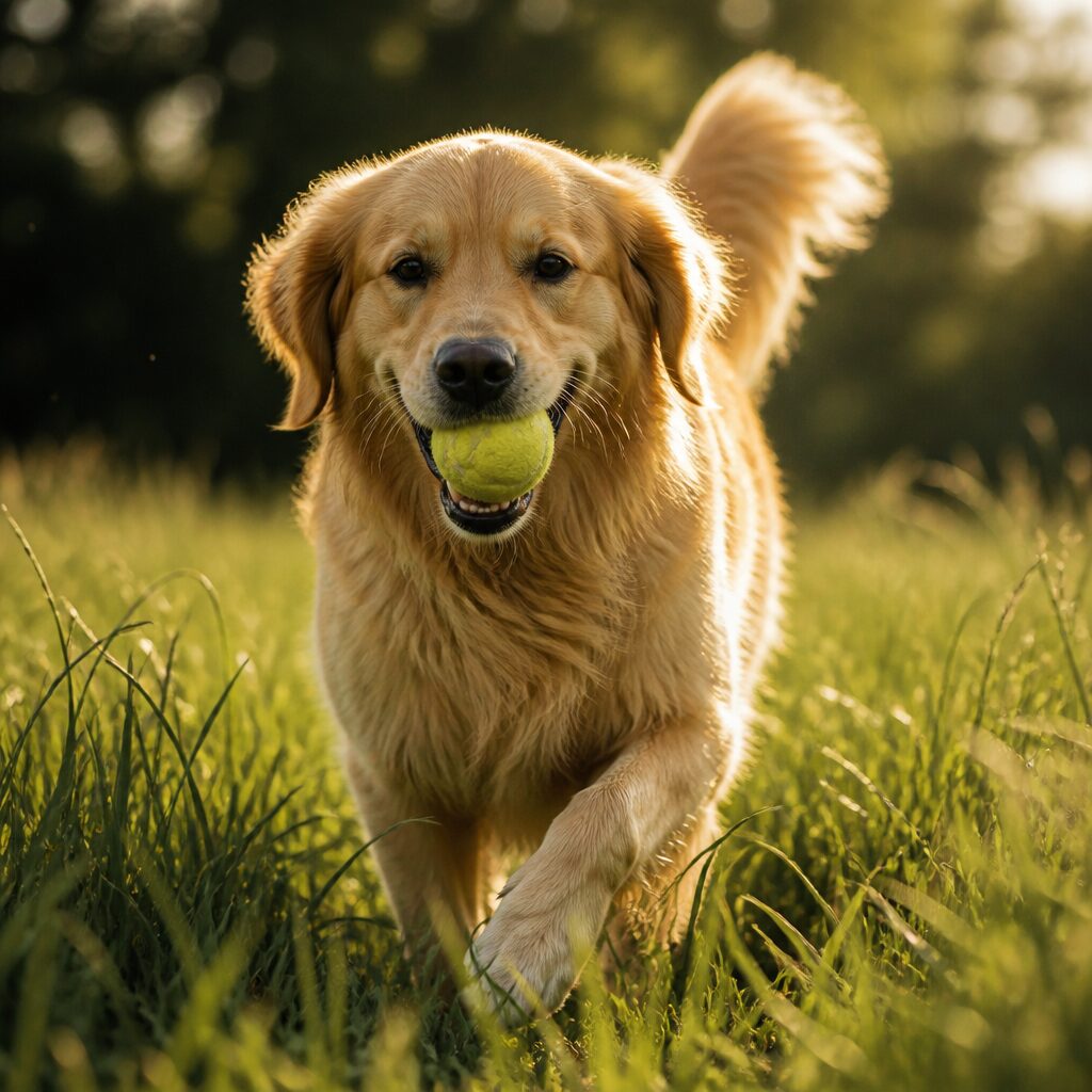 Golden retriever fetching ball through tall grass with backlit sun — eager people pleaser breed