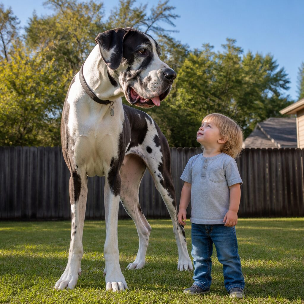 Great Dane standing next to small child for size comparison in sunny backyard — gentle giant