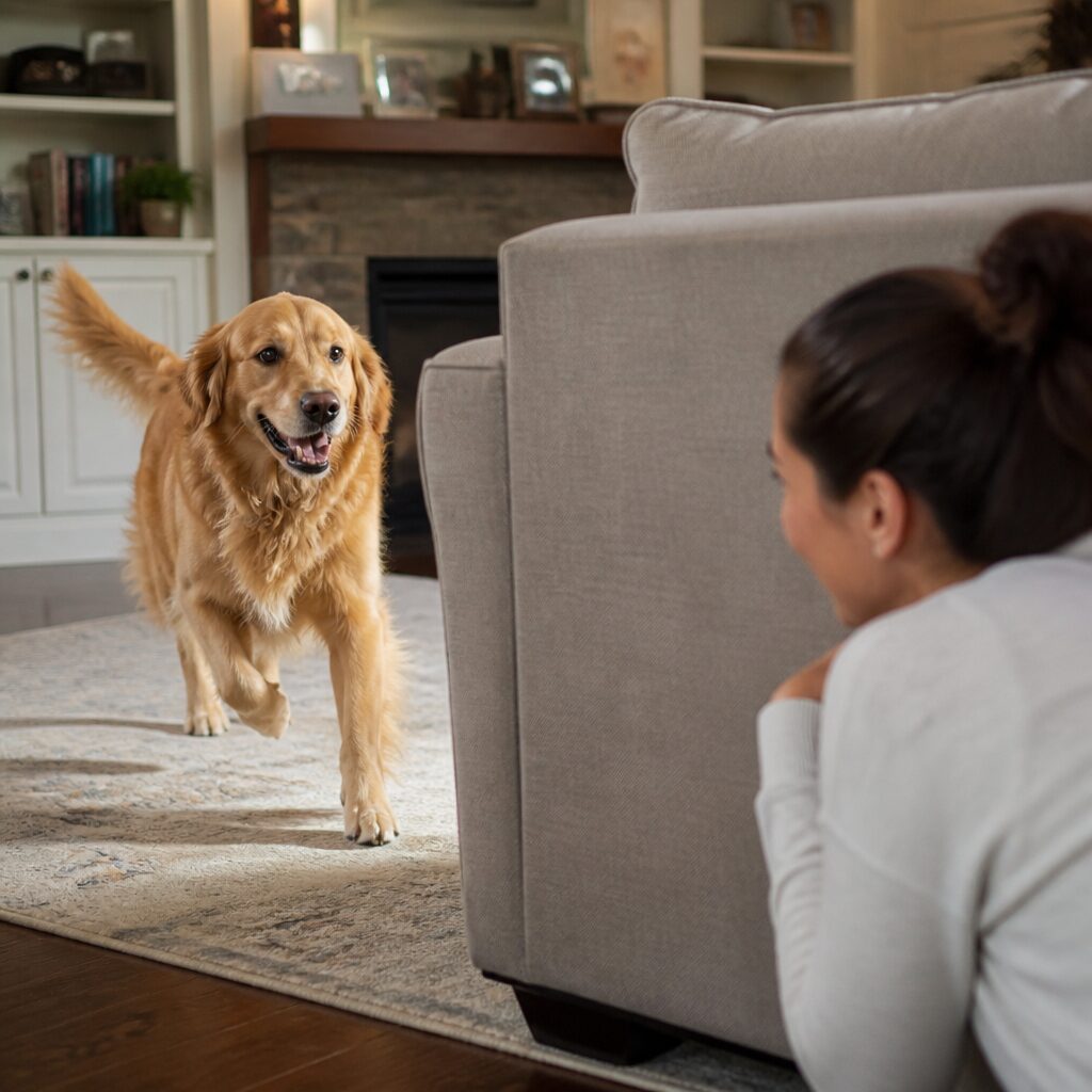Golden retriever finding owner hiding behind sofa during hide and seek game