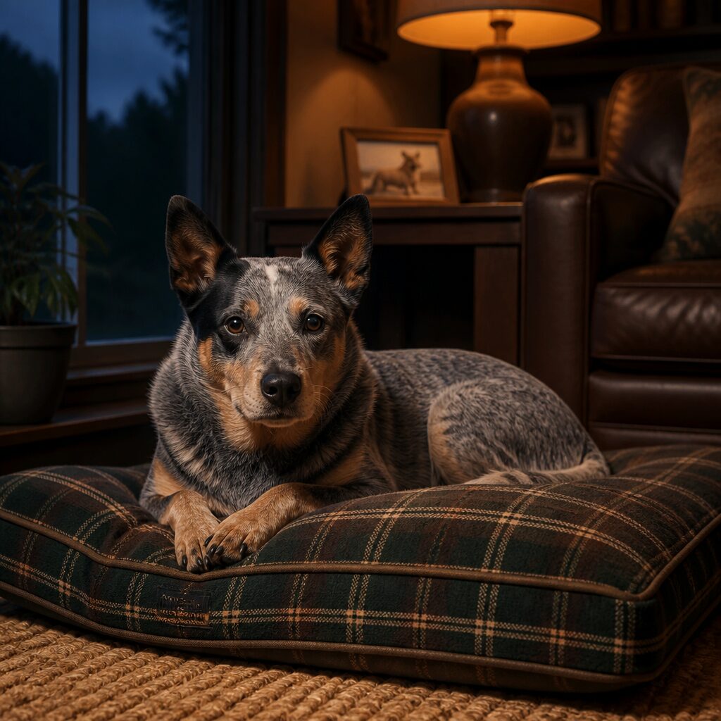 Australian cattle dog calmly settled on tartan bed in evening — calming hyper dogs