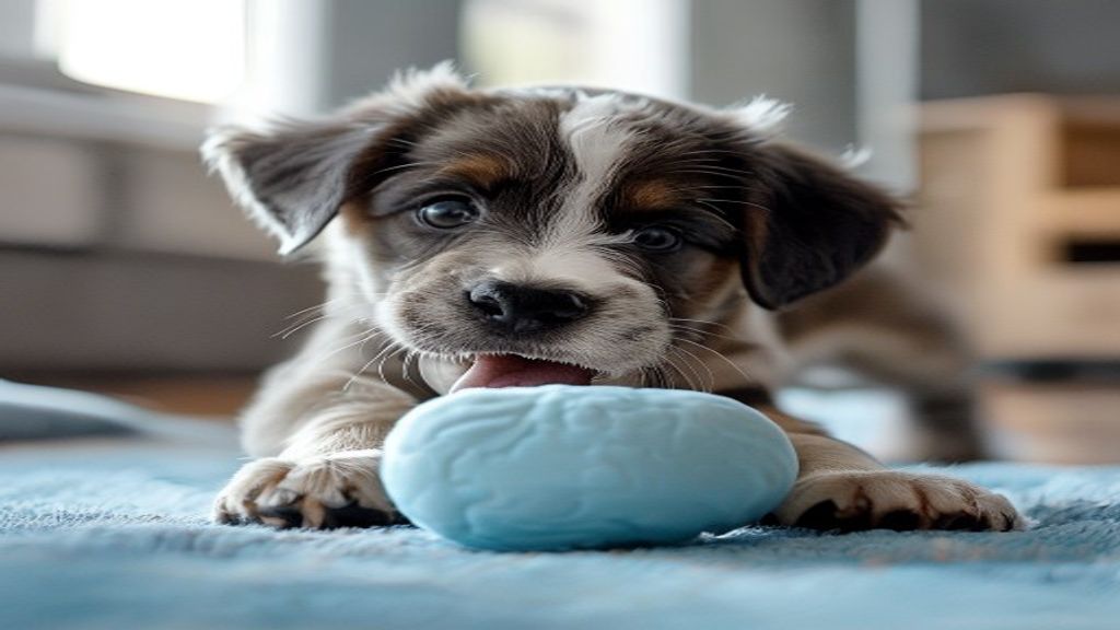 Playful puppy biting a chew toy as a redirection technique — how to stop puppy biting