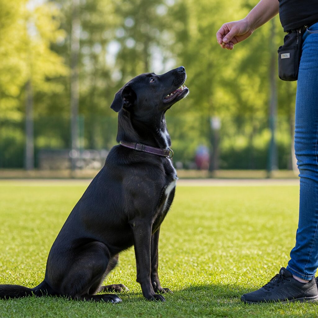 Black mixed-breed dog in a perfect sit looking at owner holding treat — basic obedience training