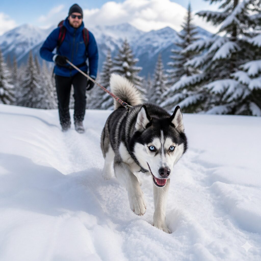 Siberian husky pulling on leash in snowy forest — challenging breed training