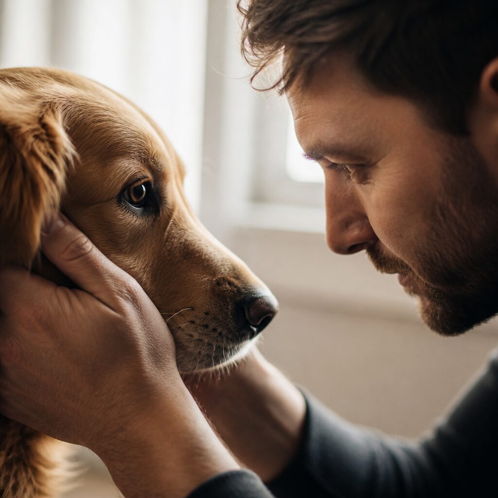 Close-up of dog and human in deep eye contact bond — science of human dog connection