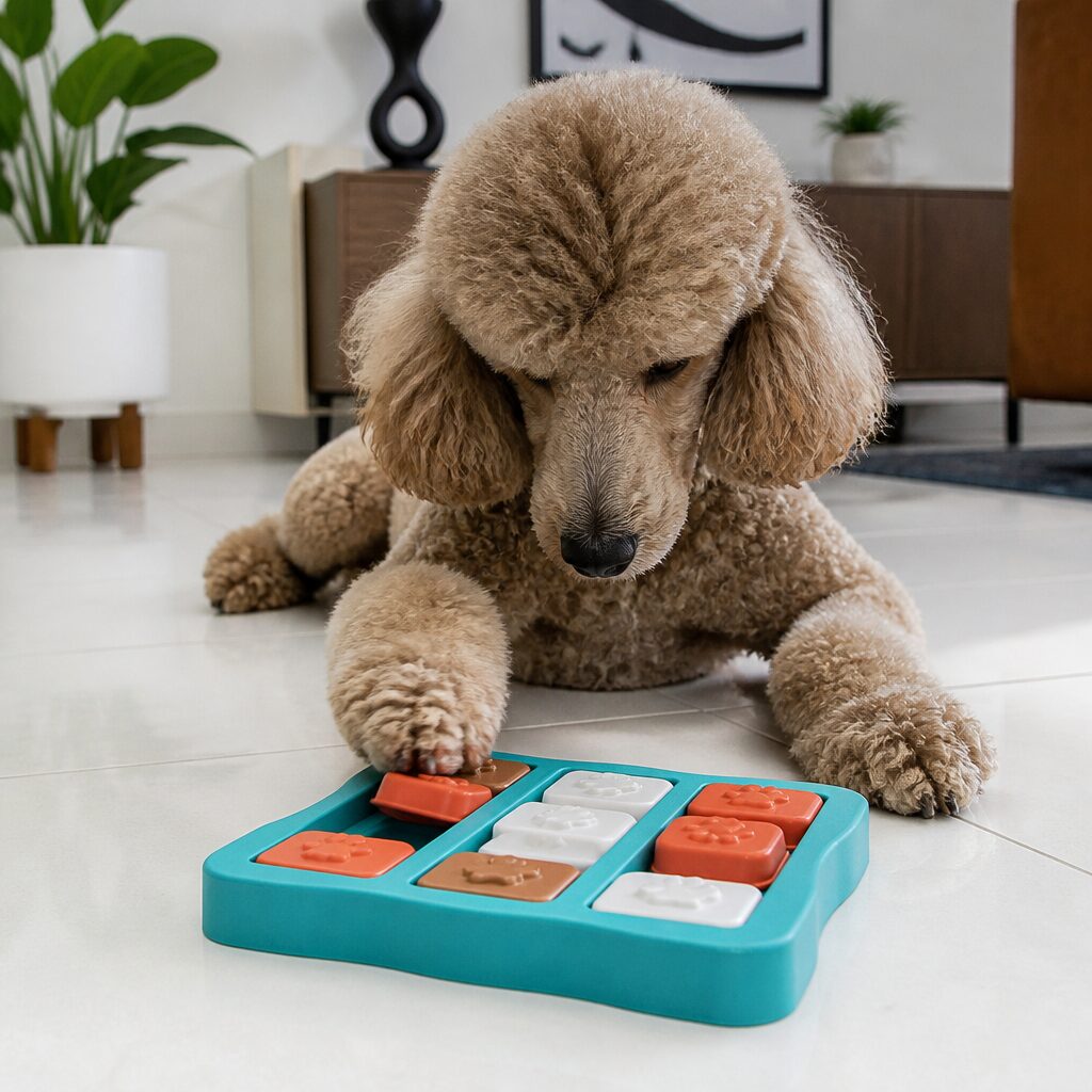 Poodle solving an advanced sliding puzzle toy with focused expression — highly intelligent dog signs