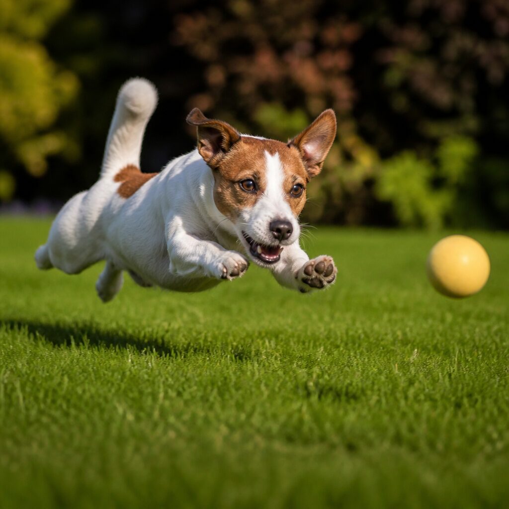 Jack russell terrier mid-leap chasing a ball — high energy intelligence