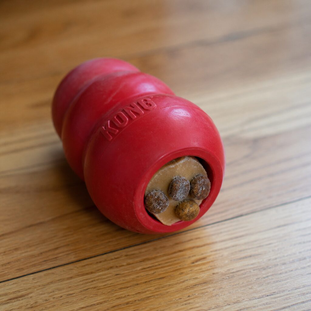 Classic red Kong rubber toy stuffed with peanut butter on wooden floor — product review