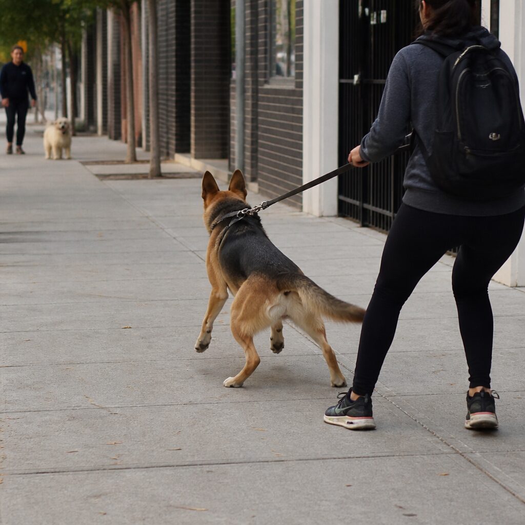 Dog reactive lunging on leash toward another dog — leash reactivity training