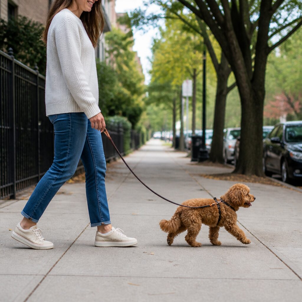 Dog walking with slack leash beside owner on a city sidewalk — loose-leash walking