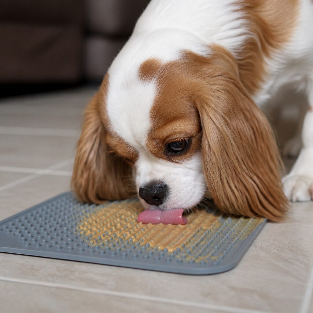 Small dog licking peanut butter from silicone lick mat — calming product review