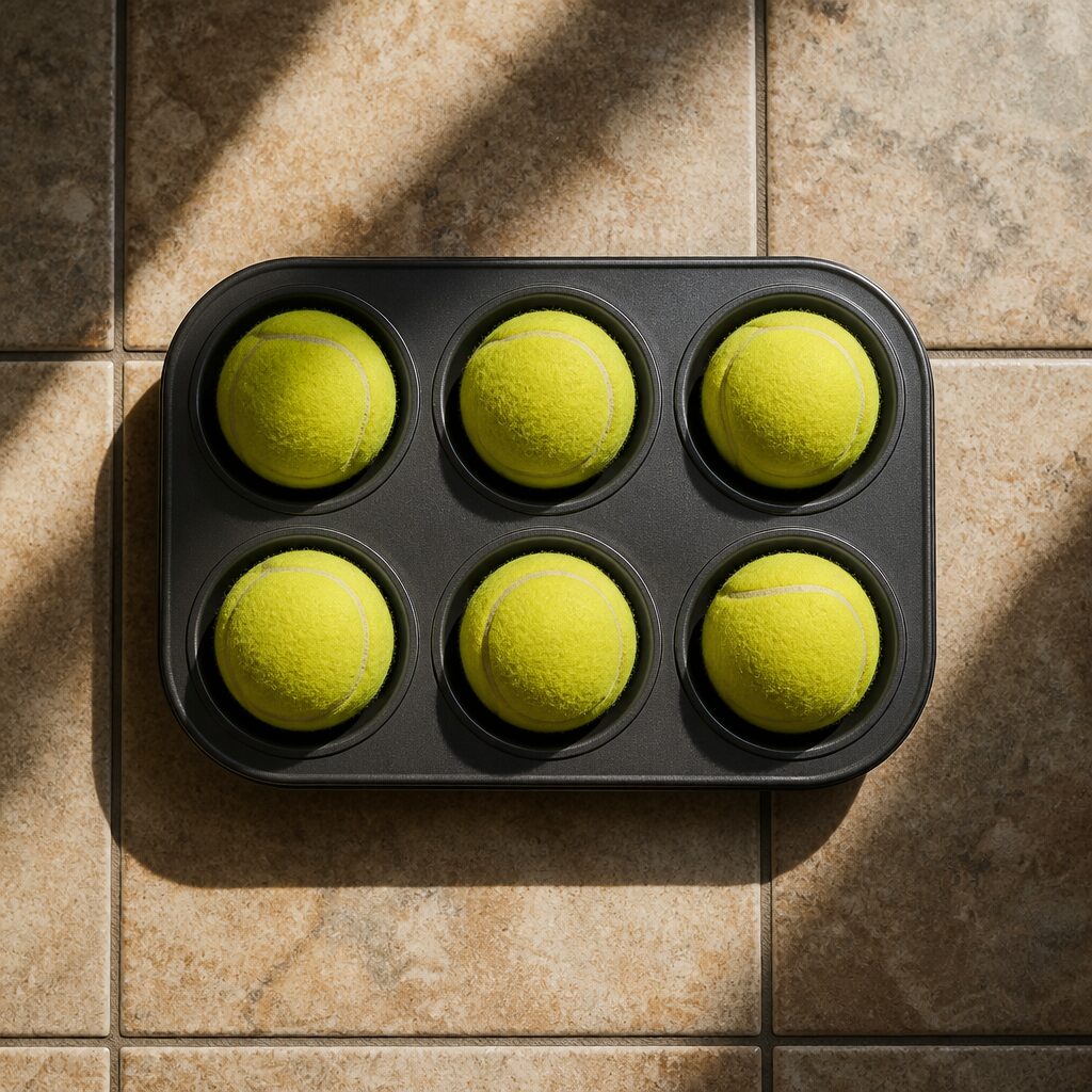 Muffin tin with tennis balls covering treats — DIY brain game flat lay
