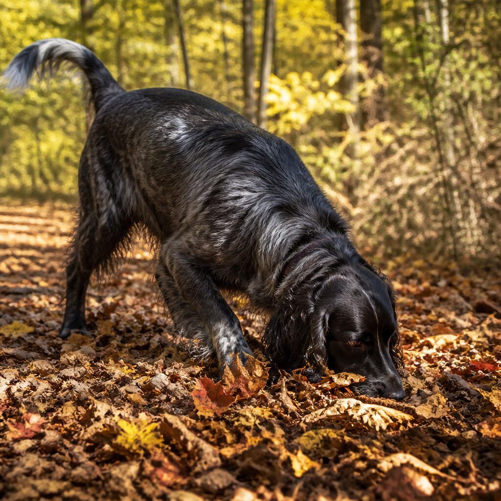 Spaniel mix nose-down sniffing through fall leaves on forest trail — nose work brain training