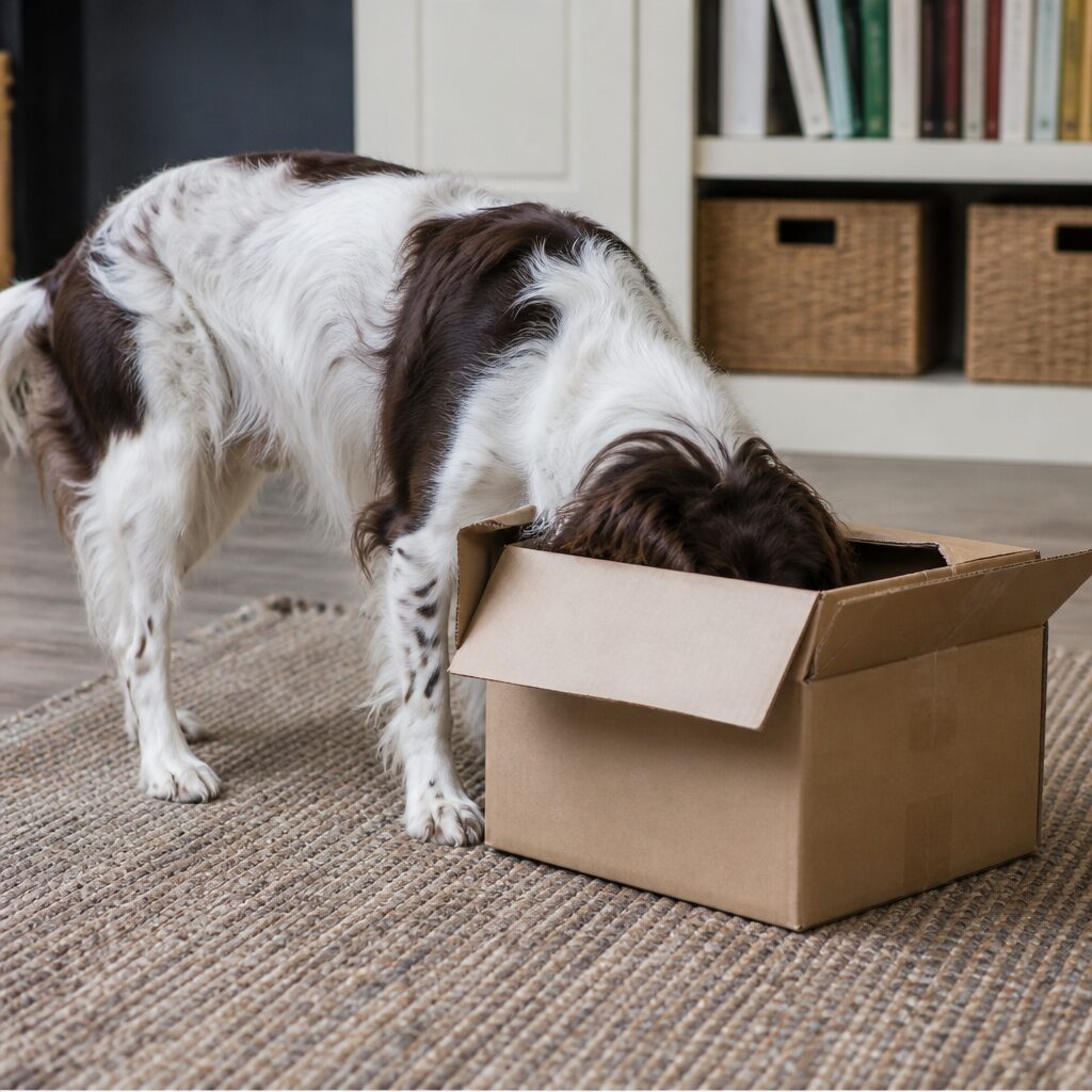 Spaniel mix searching cardboard box with nose for hidden treats — nose work scent games