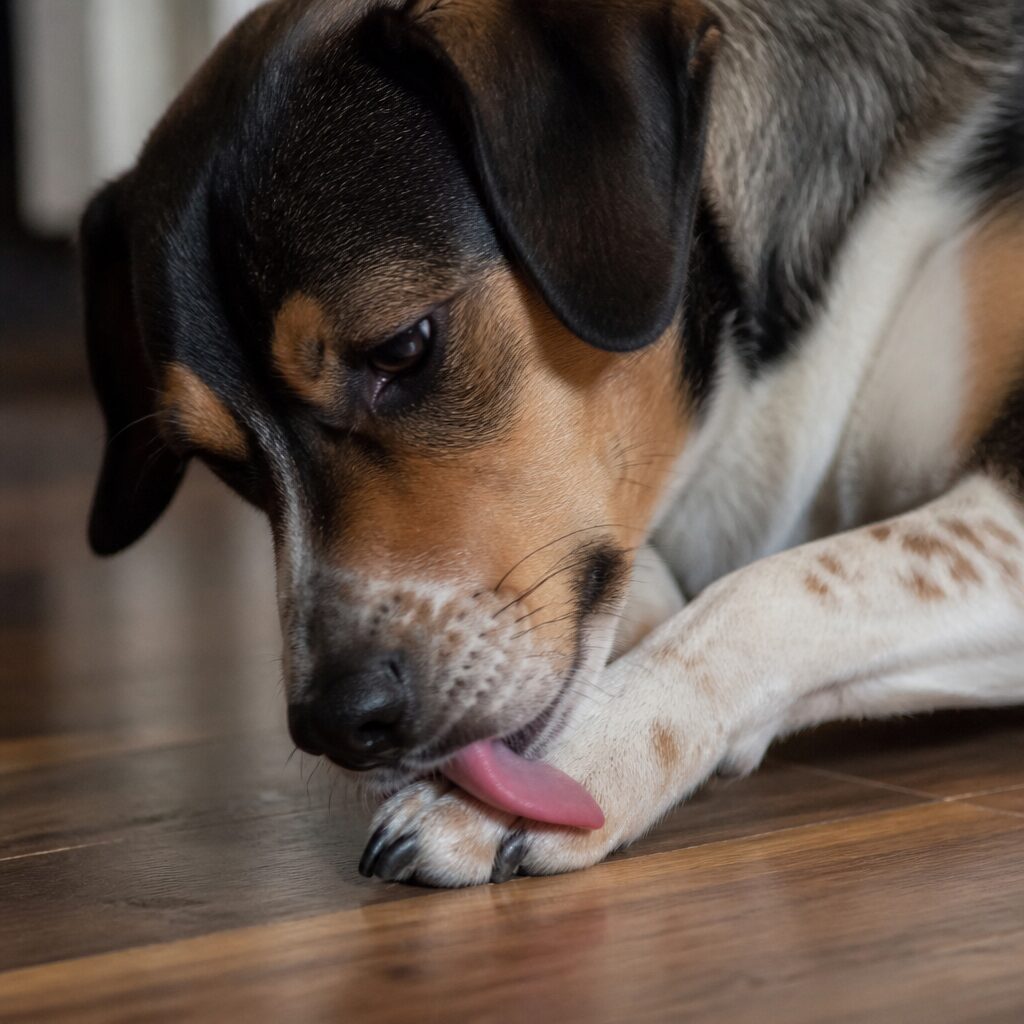 Close-up of dog obsessively licking own paw — compulsive licking behavior