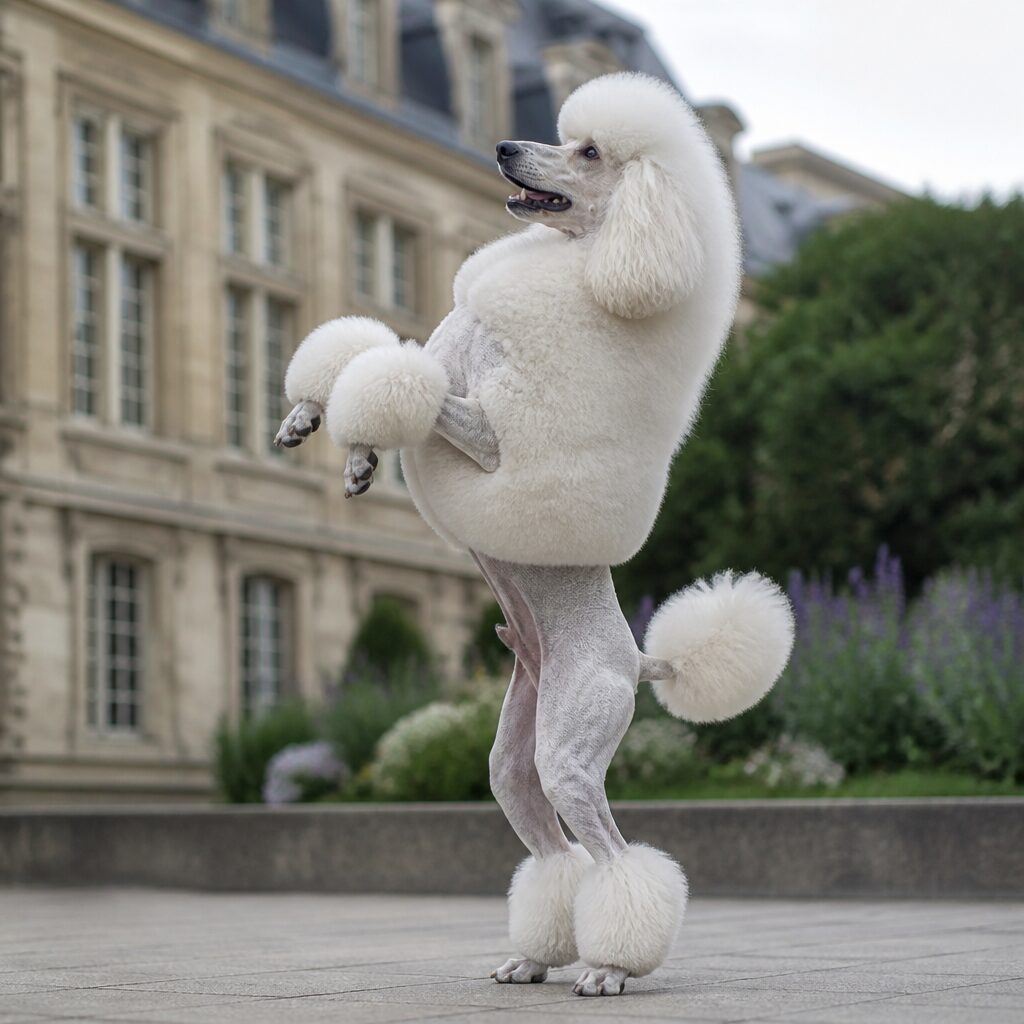 Standard poodle in continental haircut performing complex trick on hind legs — intelligent breed