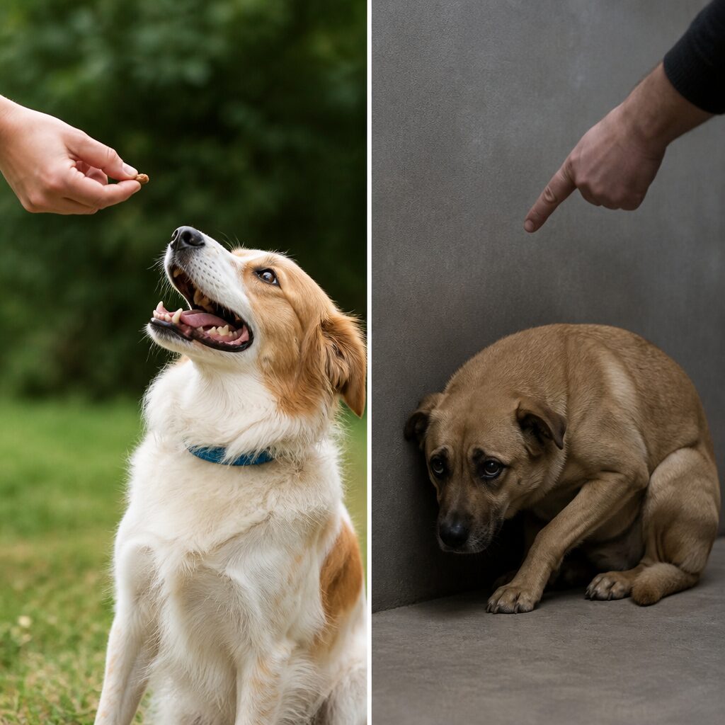 Split comparison of positive reinforcement reward versus punishment cowering dog