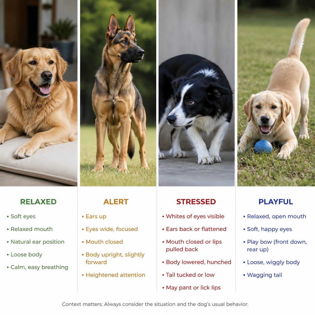 Four-panel comparison of dog body language: relaxed alert stressed playful