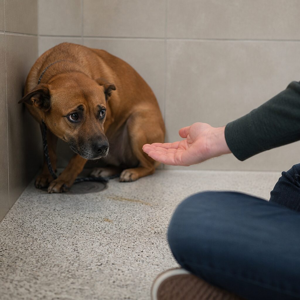 Scared shelter dog being gently approached by new owner with palm extended on floor