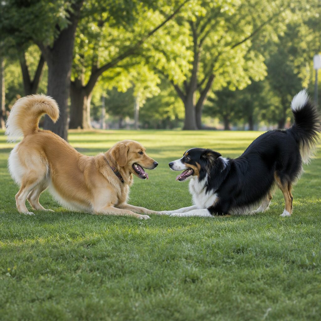 Two dogs play-bowing at each other in sunny park — role of play in training