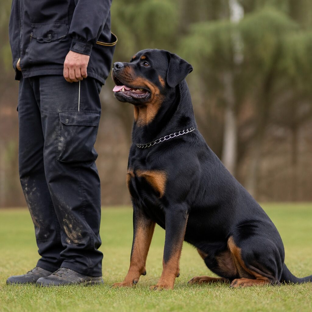 Rottweiler sitting calmly beside owner during training — leadership without dominance