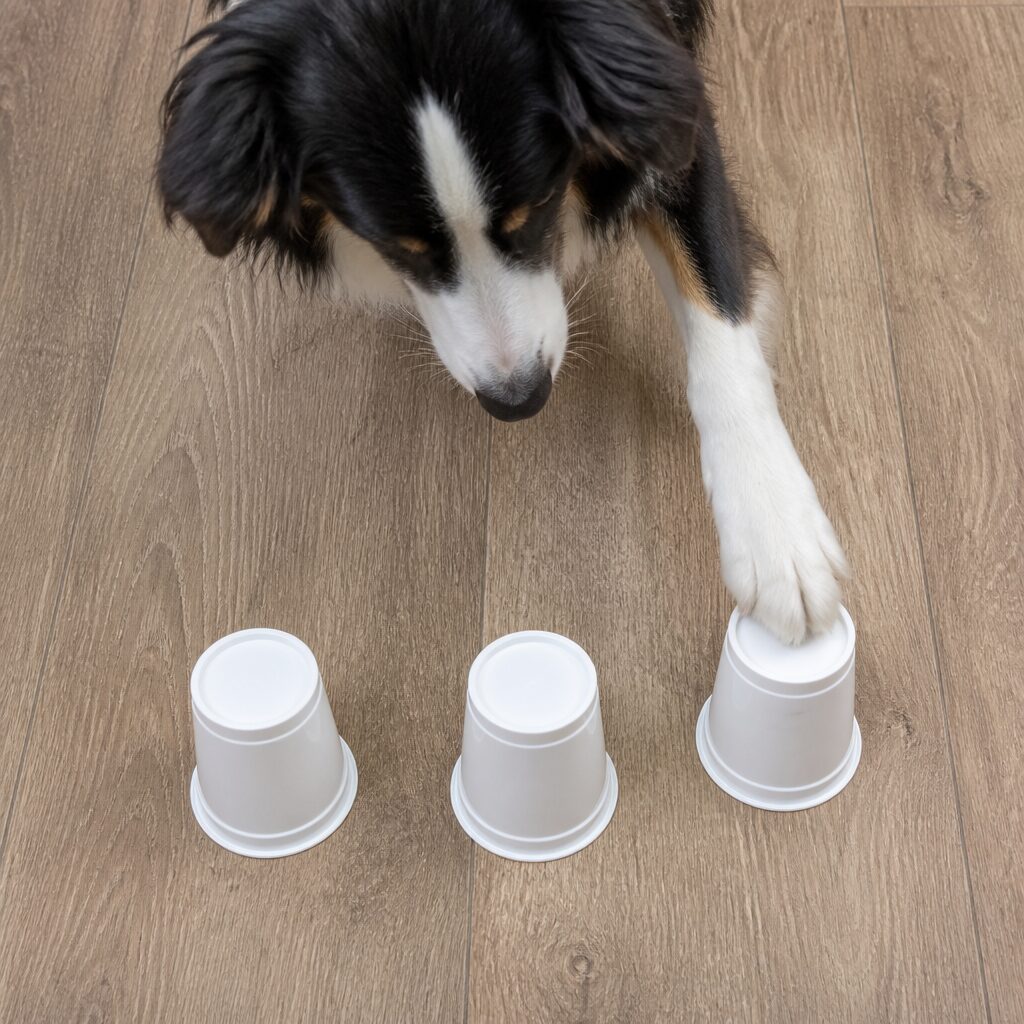 Dog indicating with paw which cup hides a treat — shell game brain training