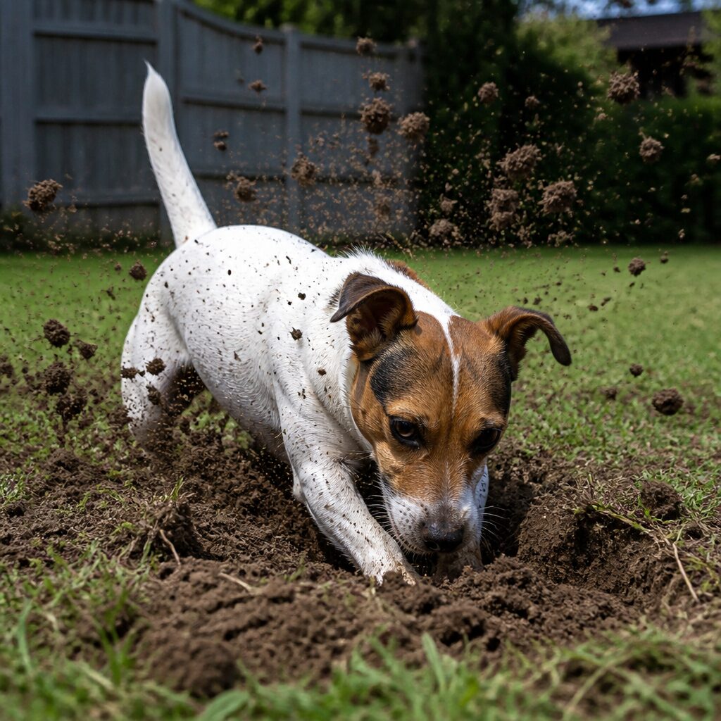 Jack Russell terrier digging a hole in backyard with dirt flying — common dog digging behavior