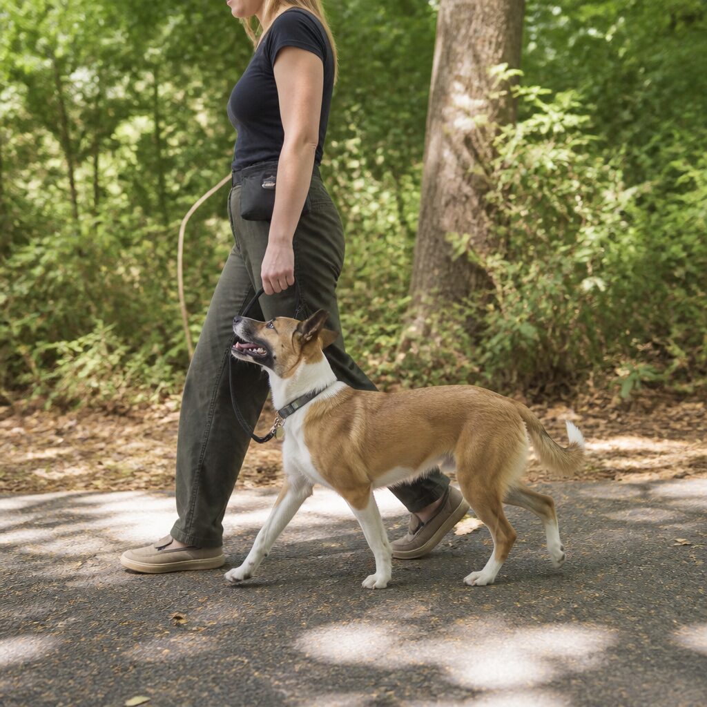 Dog walking in perfect heel position beside owners leg on a path — heel walking training