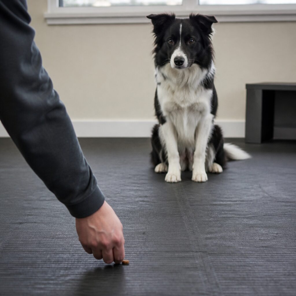 Border Collie ignoring a treat placed on floor by trainer — Leave It cue practice