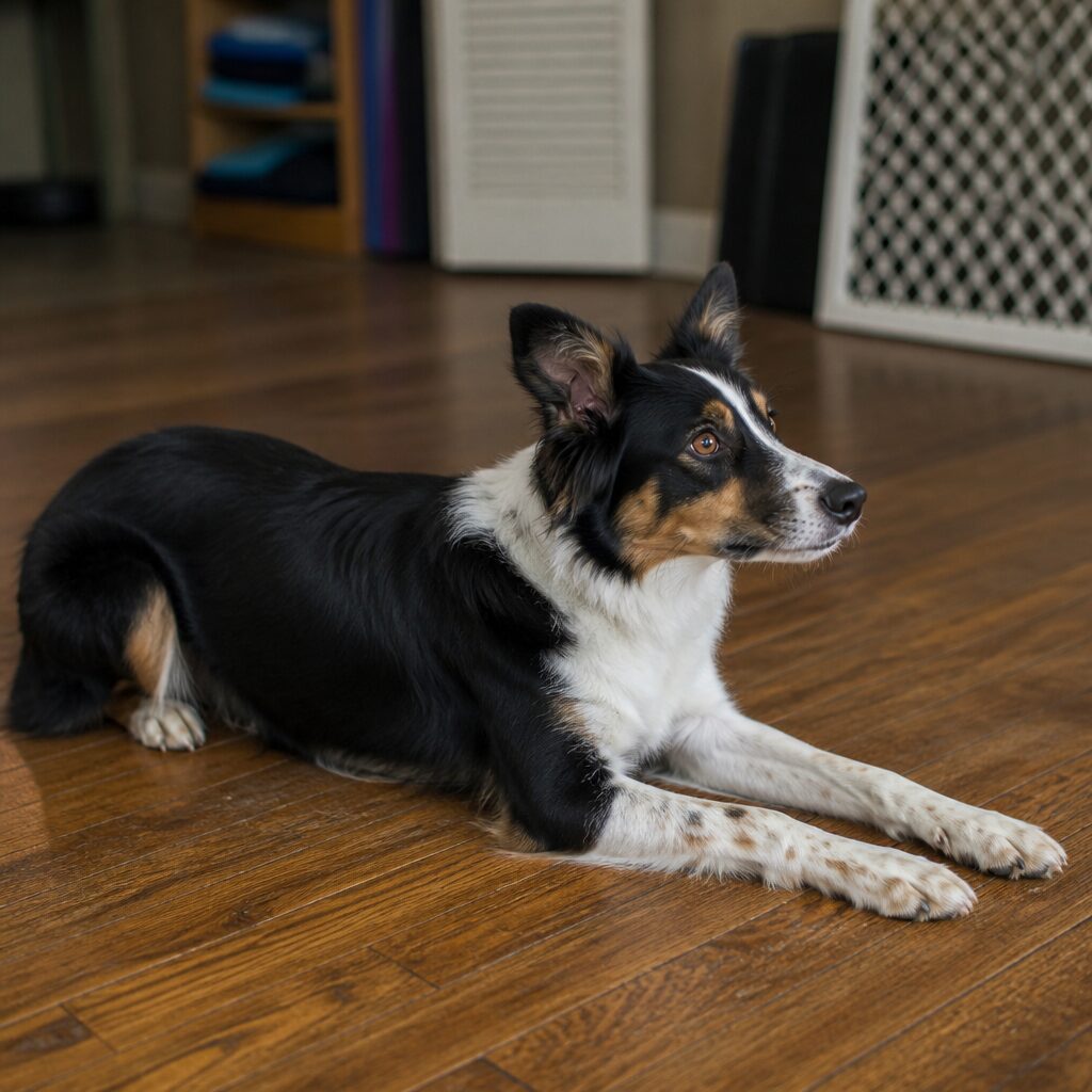 Medium dog in perfect down position on wooden floor — basic obedience training