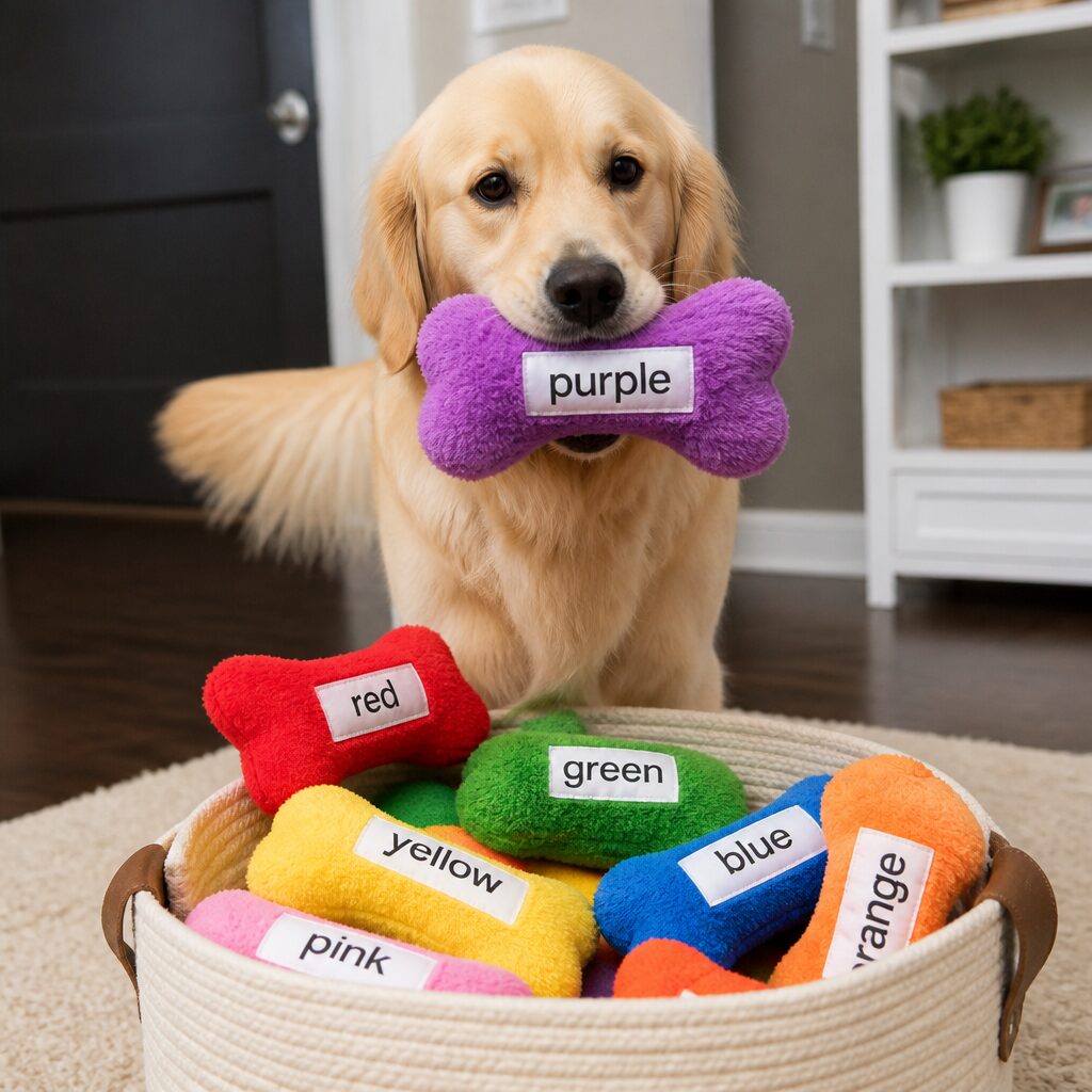 Retriever picking labeled toy from basket of multiple toys — teaching toy names