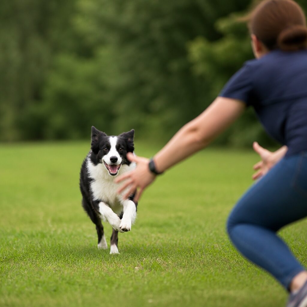 Border collie running across field toward owner — reliable recall training