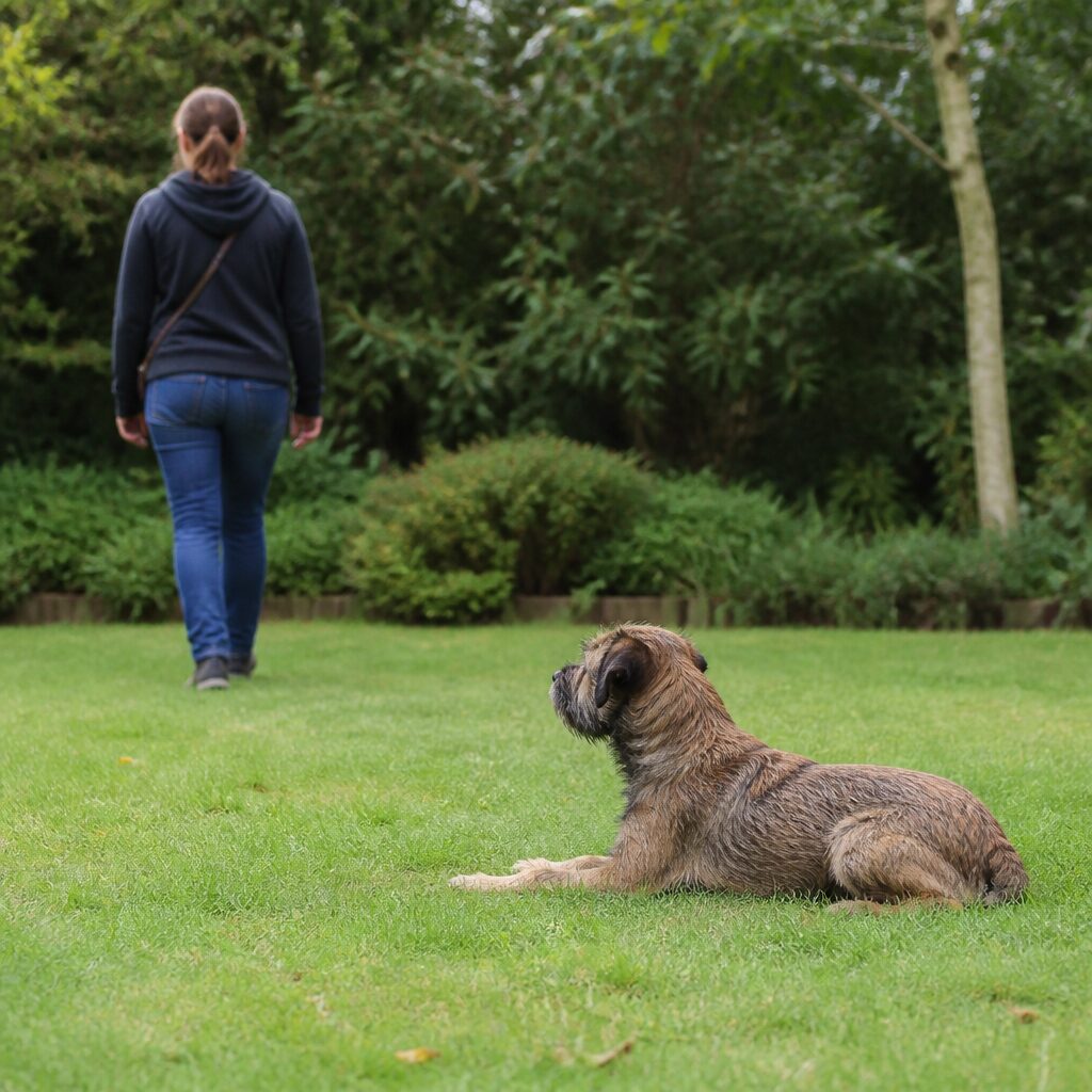Border terrier in down-stay position on lawn while owner walks away — building stay duration distance