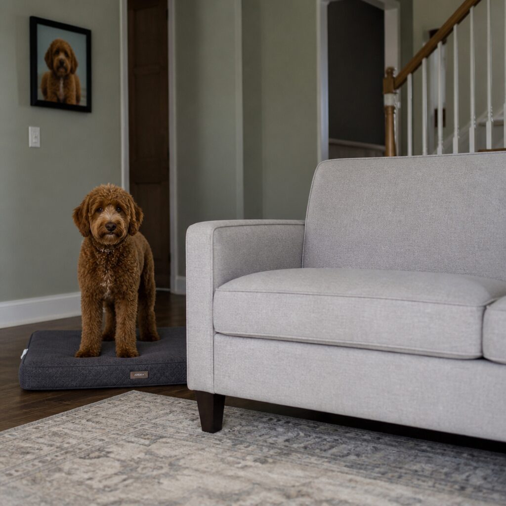 Dog on its own bed beside an empty sofa — staying off furniture training