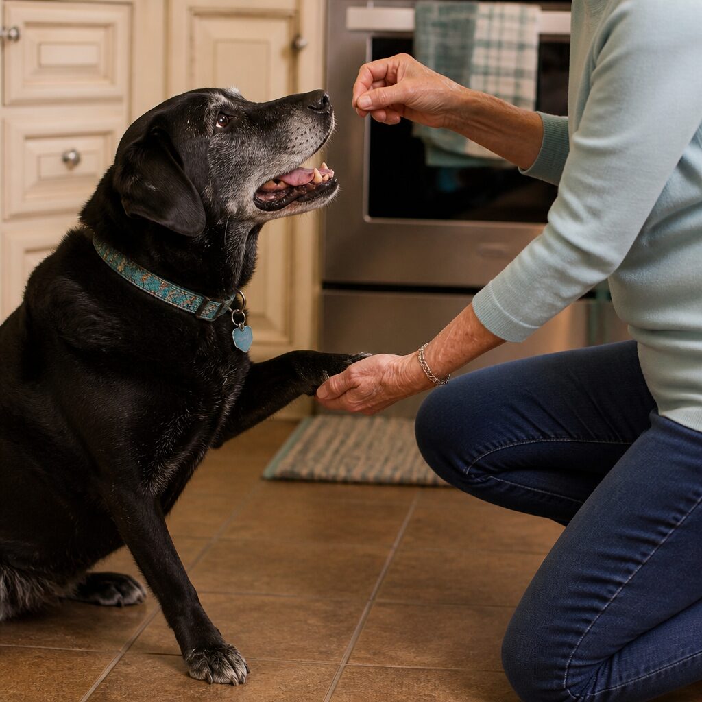 Senior labrador with grey muzzle learning a new trick with elderly owner — never too late