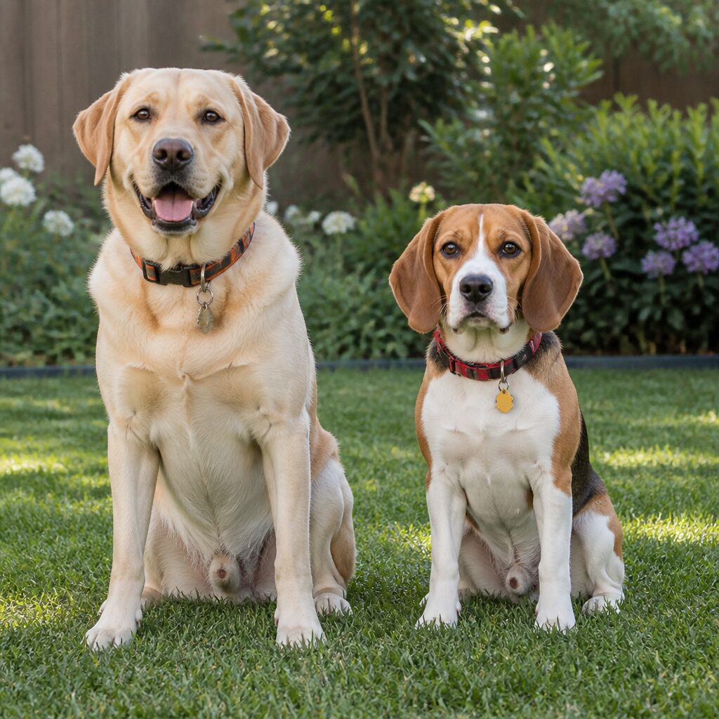 Labrador and beagle sitting together practicing obedience training in backyard — multi-dog training