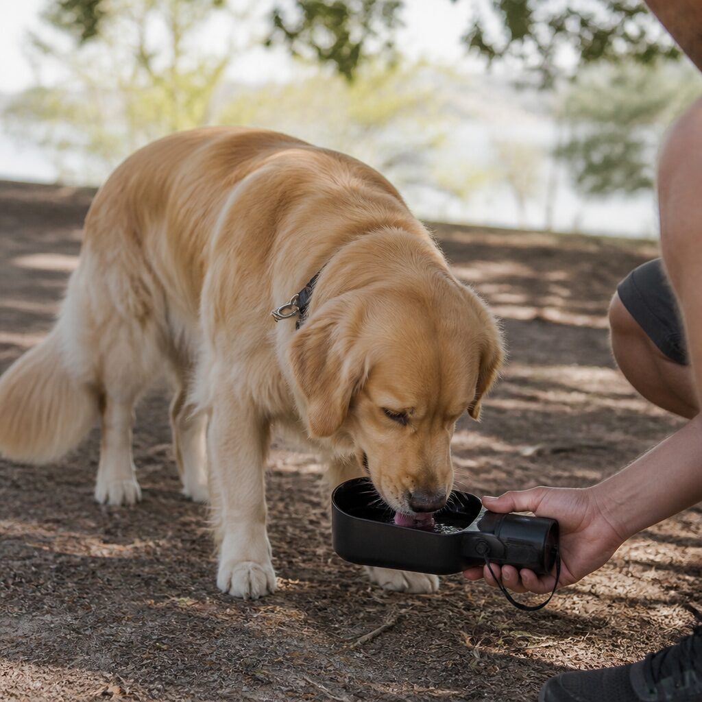 Dog drinking water from travel bowl in tree shade — hot weather safety